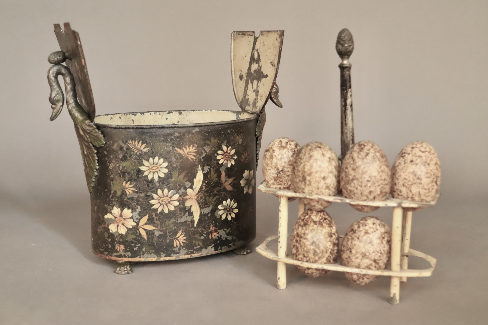 19th century cold painted iron egg basket
