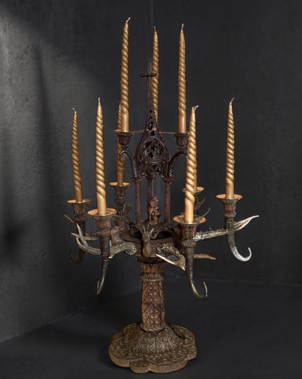Large wooden candlestick , Black forest circa 1890
