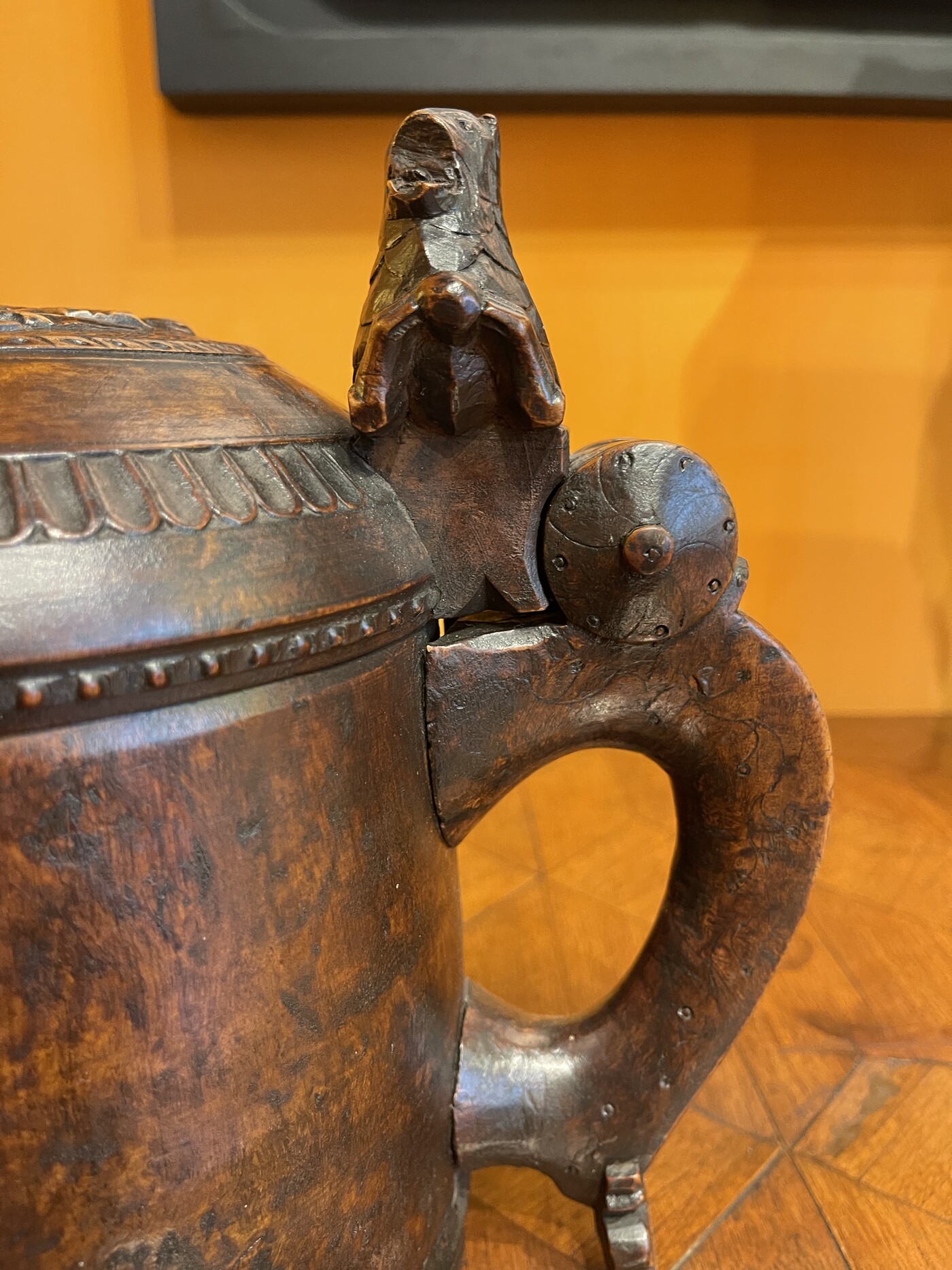 Norwegian Karelian Birch Ceremonial Lion Peg Tankard circa 1750