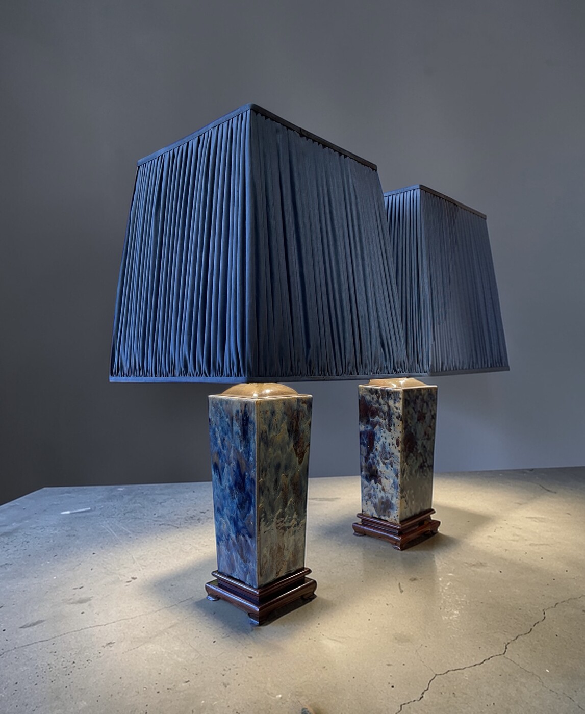 Pair of blue lamps with handmade lampshades