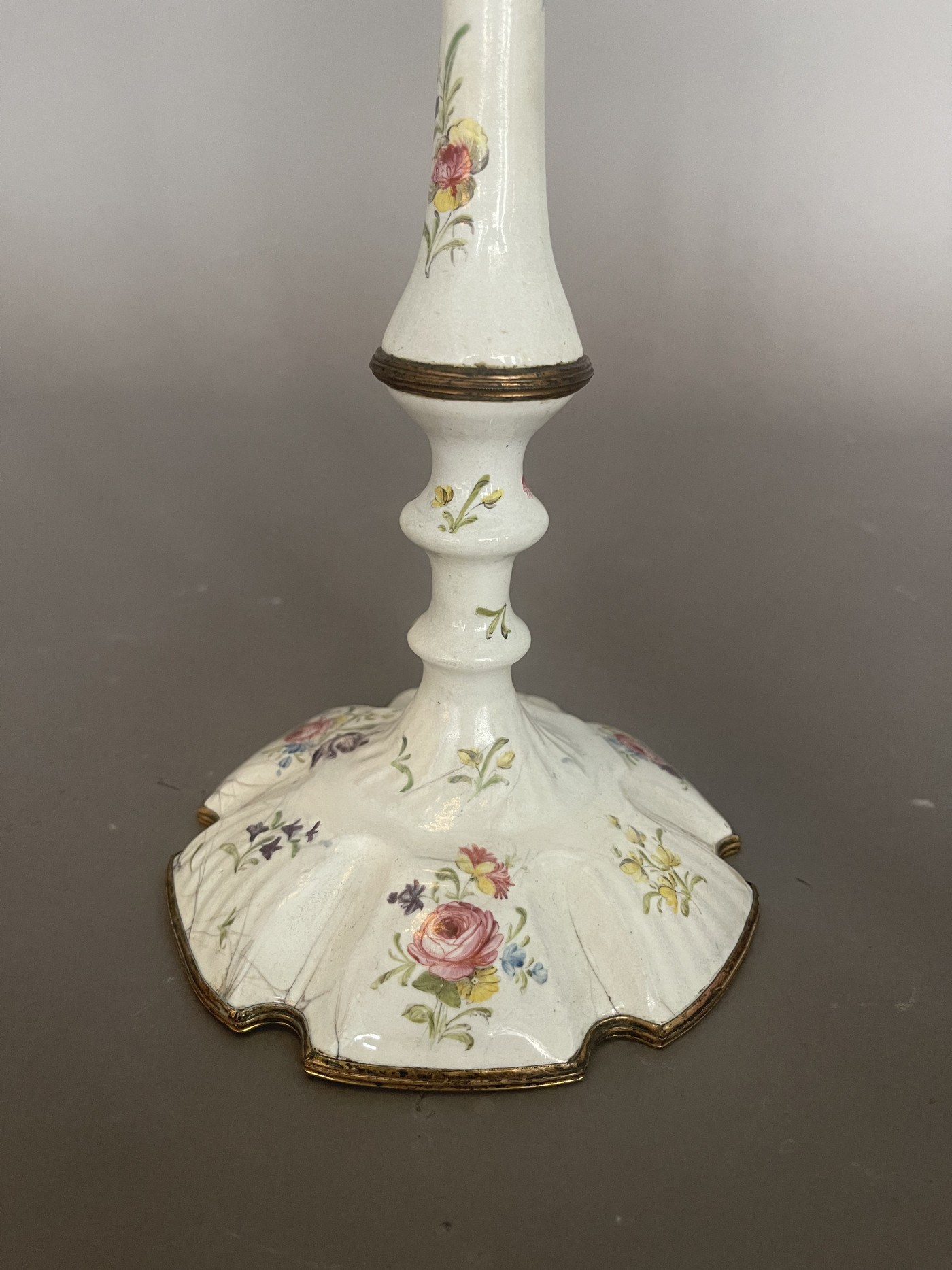Pair of candlesticks in email with flower decoration circa 1900