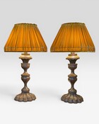 Pair of lamps with brass feet and handmade lampshades 