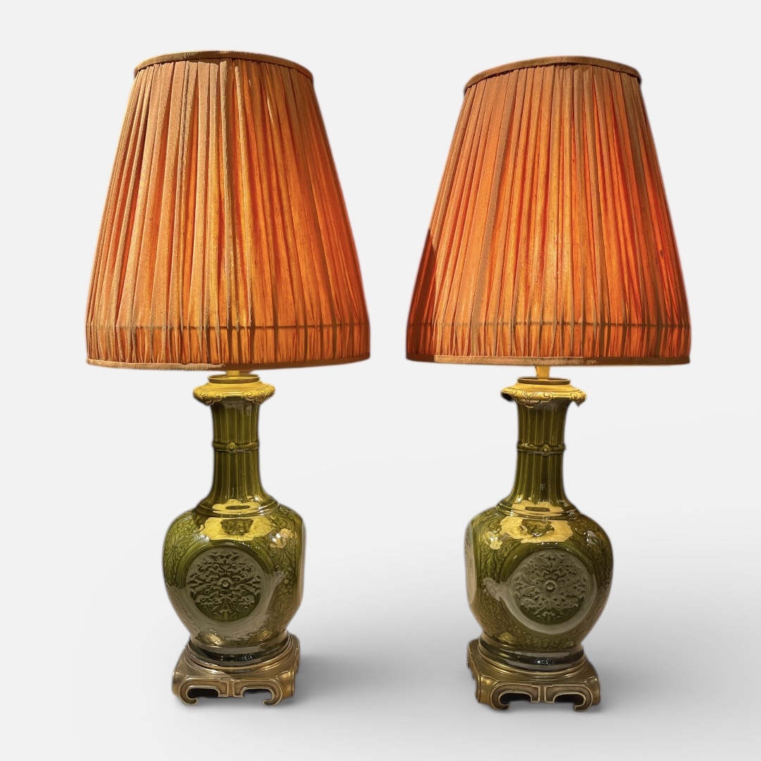 Pair of lamps with handmade lampshades