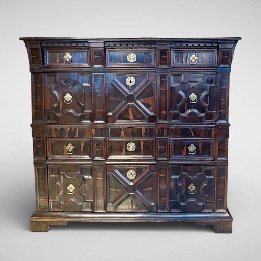Rare Charles II Oak and Cocus Wood-Veneered Four-Drawer Chest, circa 1670