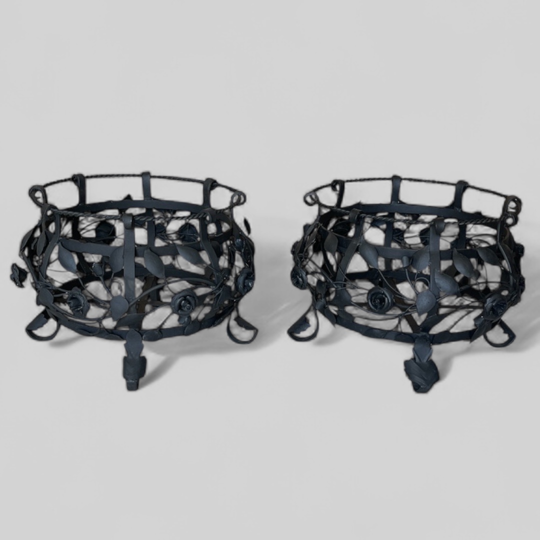 Set of 2 iron garden planters , black coating , circa 1940's